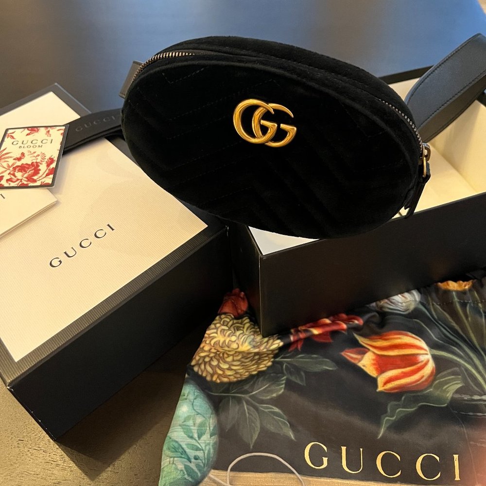 Black Gucci Velvet Matelasse GG Marmont Belt Bag 75 30 (w/ original box+dustbag)